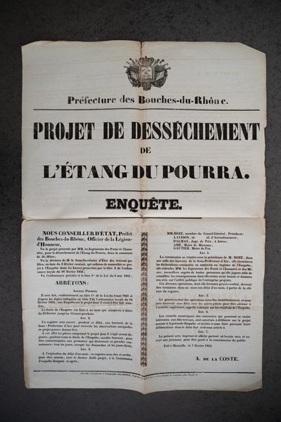 Projet de déssèchement de l’étang du Pourra&nbsp;: arrêté préfectoral pour enquête (7 février 1845)